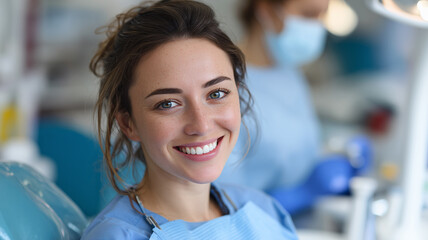 Fototapeta premium A young woman sits in a dentist's chair, while the dentist prepares to examine a patient.