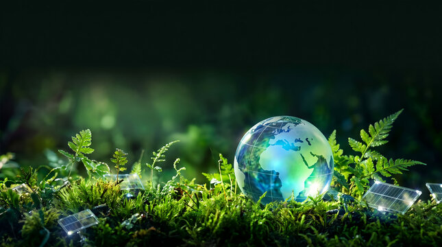 Sustainable Development Concept with Glass Earth Globe and Solar Energy