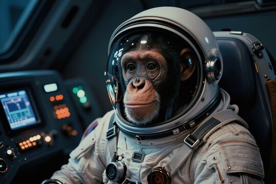 Chimpanzee wears astronaut suit inside spaceship cockpit. Primate controls spacecraft with futuristic dashboard. Animal explores space, future exploration concept.