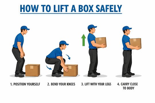 Illustrated guide on how to lift a box safely with proper techniques to prevent injury and promote workplace safety awareness