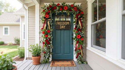 Fototapeta premium Juneteenth doorway decorated with floral garland and Freedom Day sign. Festive wreath framing a front door for celebration of emancipation. Patriotic house entrance for summer holiday
