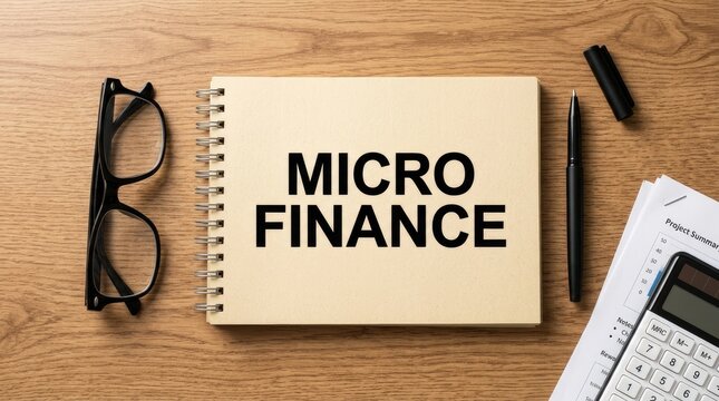 Micro finance text written on a spiral notebook placed on a wooden desk with a black pen and eyeglasses