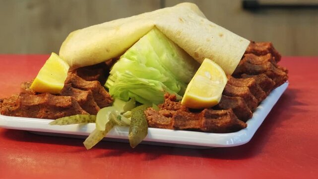 A detailed close up video of traditional spicy cig kofte served on a square plate with fresh lettuce, crunchy pickles, lemon slices, and soft lavash bread, showing an authentic Turkish meal.
