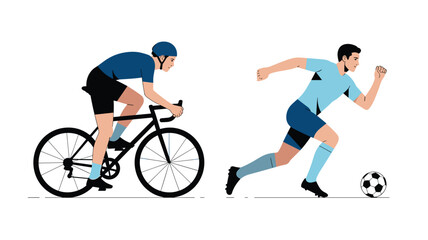 Obraz premium A cyclist wearing a blue helmet rides a black bicycle beside a soccer player dribbling a ball on a clean and bright white background area.