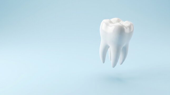 Single perfect white tooth floating on light blue background, healthcare and dentistry concept