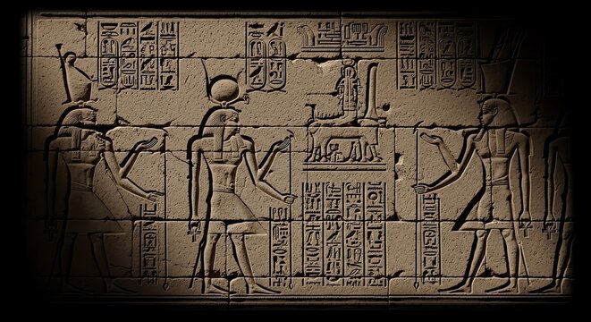 Ancient egyptian wall carvings with gods and hieroglyphs