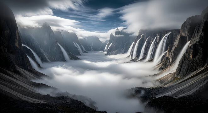 Waterfall canyon with multiple streams flowing into thick valley fog, cinematic landscape photography