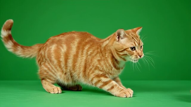 Active ginger tabby cat pouncing and hunting on green screen chroma key background, domestic pet playing and swiping paws
