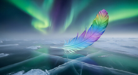 Fototapeta premium Rainbow Feather floating over Arctic Ice under Aurora Borealis sky