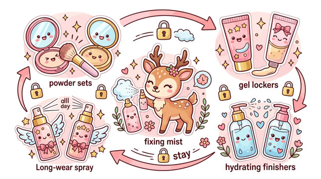 Cute Kawaii Deer with Makeup Icons: Beauty Routine Cycle