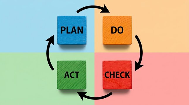 Colorful wooden blocks arranged in a cycle illustrating the pdca business management strategy on a bright and divided background surface
