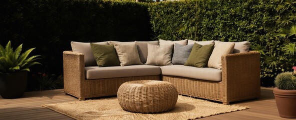 Obraz premium Outdoor sectional sofa with cushions, ottoman on wooden deck surrounded by green garden. Comfortable wicker furniture set offers peaceful backyard relaxation space in natural setting. Perfect for