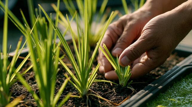 Closeup of hands gently placing sugarcane shoots into fertile soil with a blurred algae culture tray nearby highlighting sustainable farming practices under natural daylight