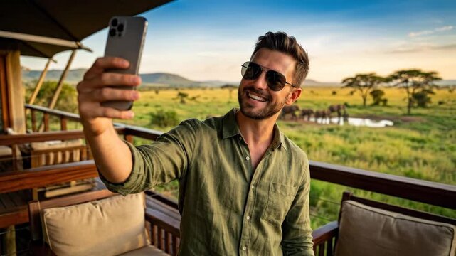 Confident young man taking selfie wearing sunglasses, premium commercial scene for travel, wildlife, wellness, hospitality or product campaigns, clean styling, soft natural or studio light, crisp