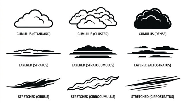 Cloud types illustration set cumulus stratus cirrus and more for weather concepts