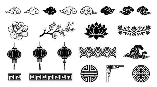 Asian decorative elements black and white icons chinese symbols floral patterns lanterns clouds waves and geometric designs