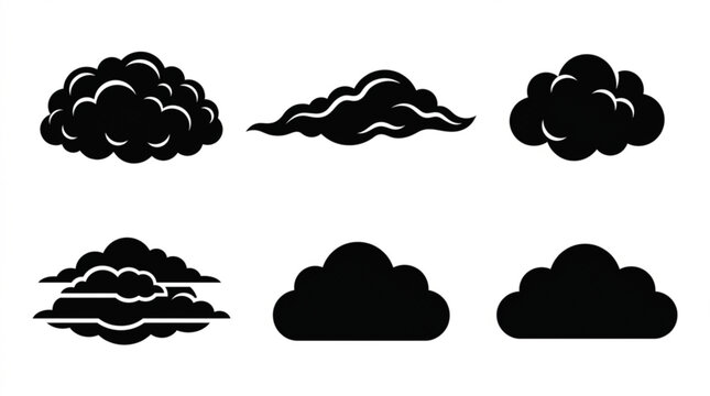Black cloud silhouette icon set with various shapes and sizes on white background for weather forecast or design