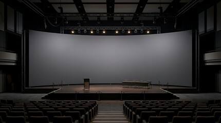 Naklejka premium An empty auditorium stage with a large screen, podium, and seating in the foreground, ready for a presentation or performance.