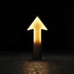 Fototapeta premium Illuminated glowing arrow sign pointing upwards on dark background with direction progress positive business guidance motivation aspiration