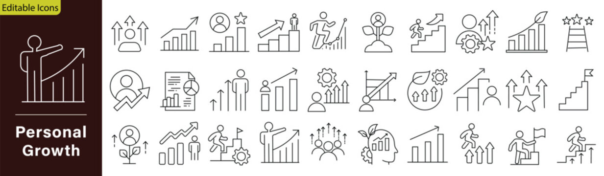 Personal Growth icon set. Containing self improvement, skill development, motivation arrow, human mind, success level, and more. Editable stroke. Vector illustration
