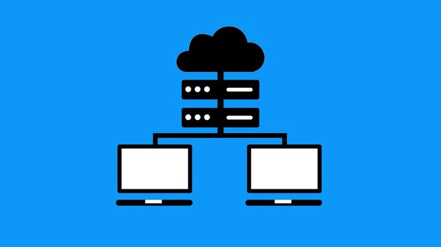 Black cloud computing server network diagram with two connected computers against a vibrant blue background representing data storage and connectivity Keywords: cloud computing, server