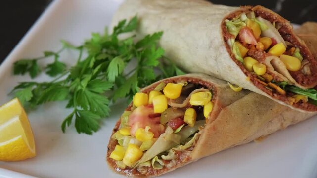 A detailed close up video of a traditional spicy cig kofte wrap cut in half and neatly presented on a modern white square plate, showcasing authentic Turkish street food presentation