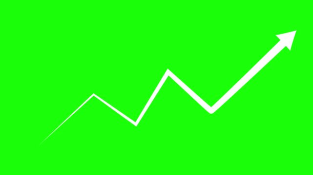 White upward trending jagged line graph with an arrow on a bright green background symbolizing growth and positive progress in business or finance Keywords: growth, trend, graph, chart