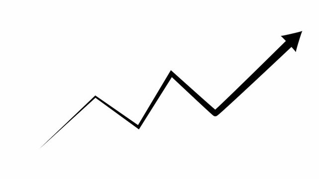 A thick black line graph with sharp upward zigzags and an arrow indicating a positive trend on a clean white background representing growth and progress in business or finance