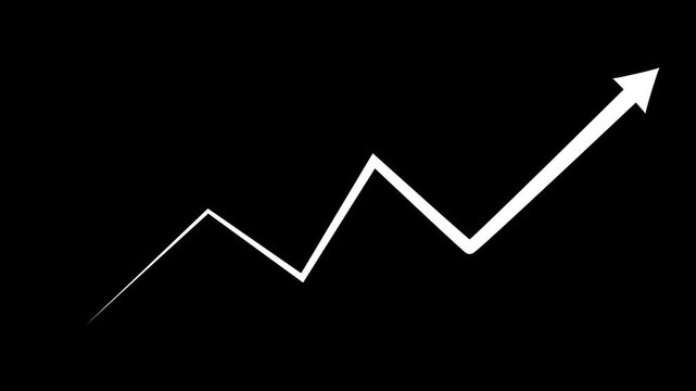 White upward trending jagged line graph with an arrow on a black background symbolizing growth and positive progress in business or finance Keywords: growth, trend, graph, chart, upward