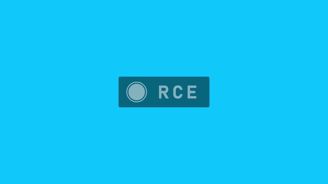 A black rectangular button with a white circle and the white text RCE centered on a vibrant bright blue background representing a user interface or control