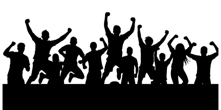 Silhouette of a jubilant crowd with raised hands celebrating success and victory