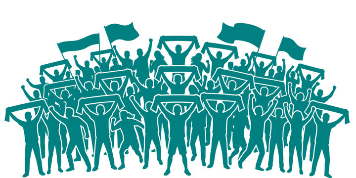 Energetic crowd of unified supporters waving flags and scarves, demonstrating collective enthusiasm and team spirit at an event