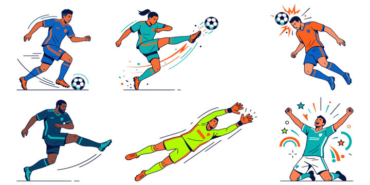 Collection of vibrant vector illustrations depicting various soccer players performing dynamic actions and celebrating victories