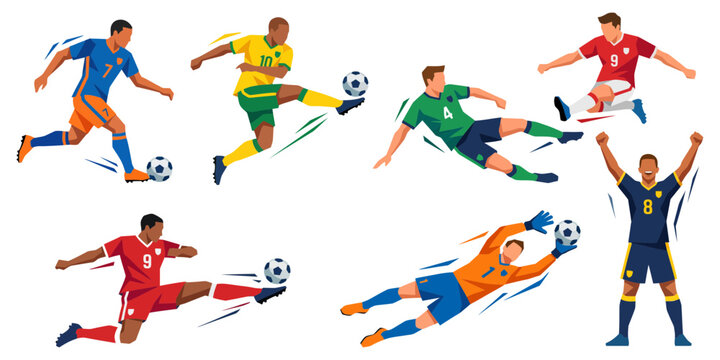 Dynamic Football Soccer Players in Action Illustrating Goal Scoring and Saving Moves