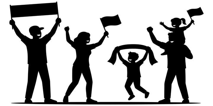 Silhouette of a happy family with flags, celebrating an event
