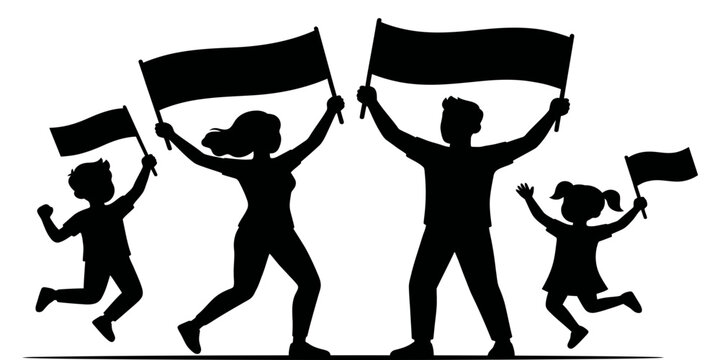 Family silhouettes holding flags and celebrating together in a unified front