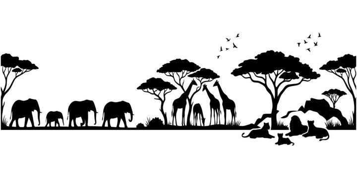Majestic African Wildlife Silhouettes in a Savannah Landscape Panorama Vector Illustration