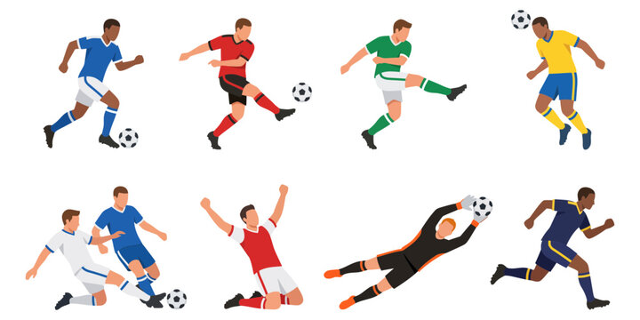 Soccer players performing different actions in a stylized illustration