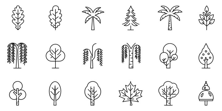 Diverse Collection of Outline Tree Icons for Digital Design and Nature-Themed Graphics and Web Elements
