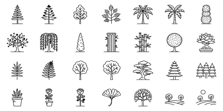 Aesthetic Array of Diverse Tree and Plant Outline Icons for Botanical Graphic Design Projects