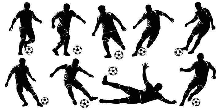 Silhouettes of soccer players in various dynamic poses on a white background