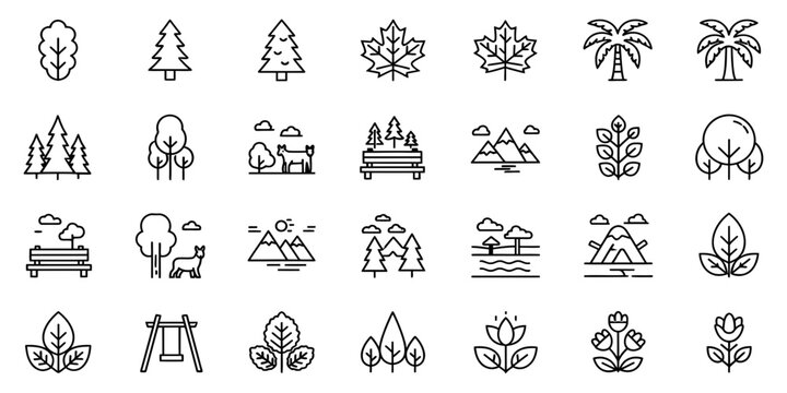 A vast collection of nature and outdoor line art icons, showcasing trees, plants, and scenic landscapes