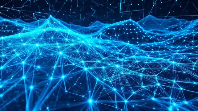 Futuristic digital network landscape with glowing interconnected lines and dots, symbolizing global technology, data transfer, and abstract communication