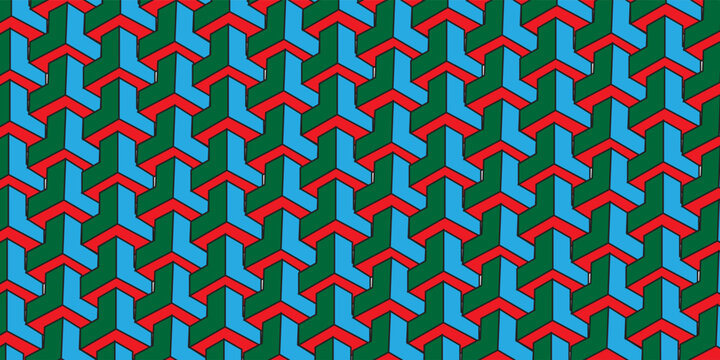 Seamless geometric pattern with 3D isometric interlocking blocks in blue, green, and red colors, vector abstract background.