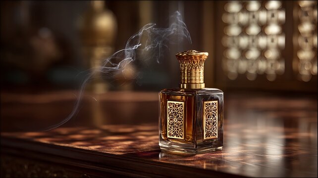 Traditional Gulf Oud Perfume Bottle with Rising Bakhoor Smoke, Luxury Arabian Fragrance, Elegant Middle Eastern Heritage and Authentic Cultural Lifestyle