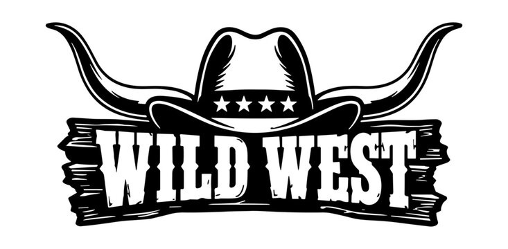 Wild West Typography with Cowboy Hat and Longhorns Logo Element EPS