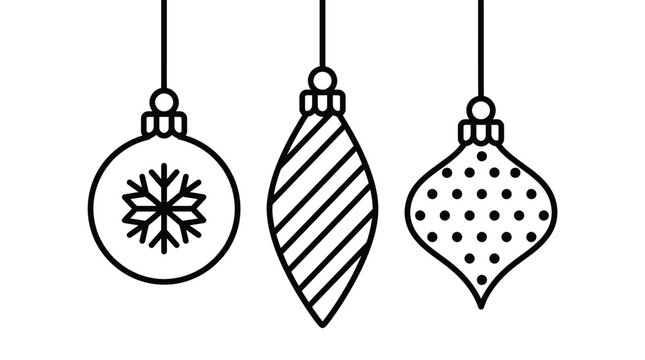 Three hanging christmas ornaments featuring intricate line art designs including a snowflake pattern stripes and polka dots rendered in a simple clean minimalist black and white