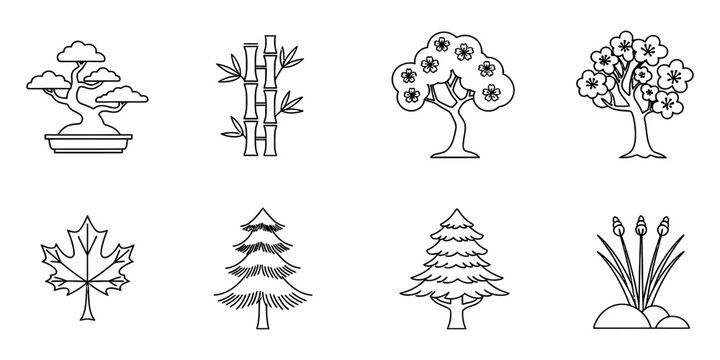 Diverse Outline Tree and Plant Icons Set. Simple Line Art Botanical Elements Collection for Nature Design