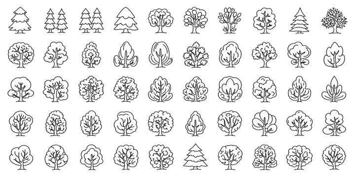 Collection of diverse line art tree icons representing various species and seasons, perfect for nature-themed designs