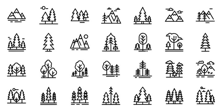 Collection of Outline Icons Representing Trees, Mountains, and Landscapes
